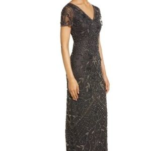 Beaded Mesh Column Gown PISARRO NIGHTS Size 12 Carbon NEW